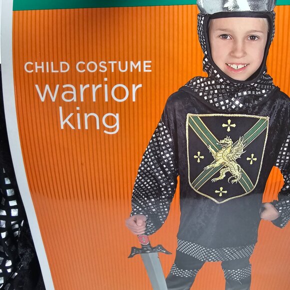 New Child Boy Costume Warrior King Knight Black Armor Silver Tunic Boot tops L - Picture 8 of 8